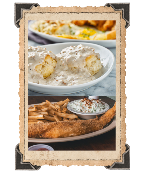 plate of biscuits and gravy and fried catfish plate